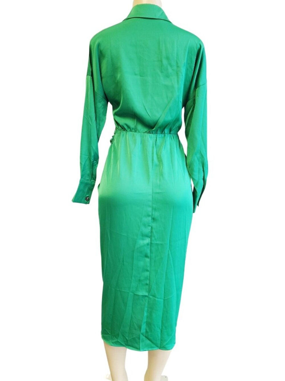 BTBFM Womens Satin Green Button-Down Tie-Waist Long-Sleeve Midi Shirt Dress S - Picture 6 of 8